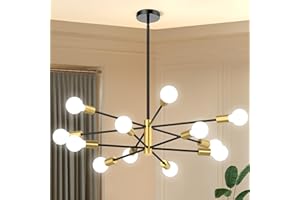 Phaosio Sputnik Chandelier 12-Light, Mid Century Modern Height Adjustable Ceiling Light Fixture for Dining Room, Kitchen Island, Living Room,Bedroom-Black and Gold