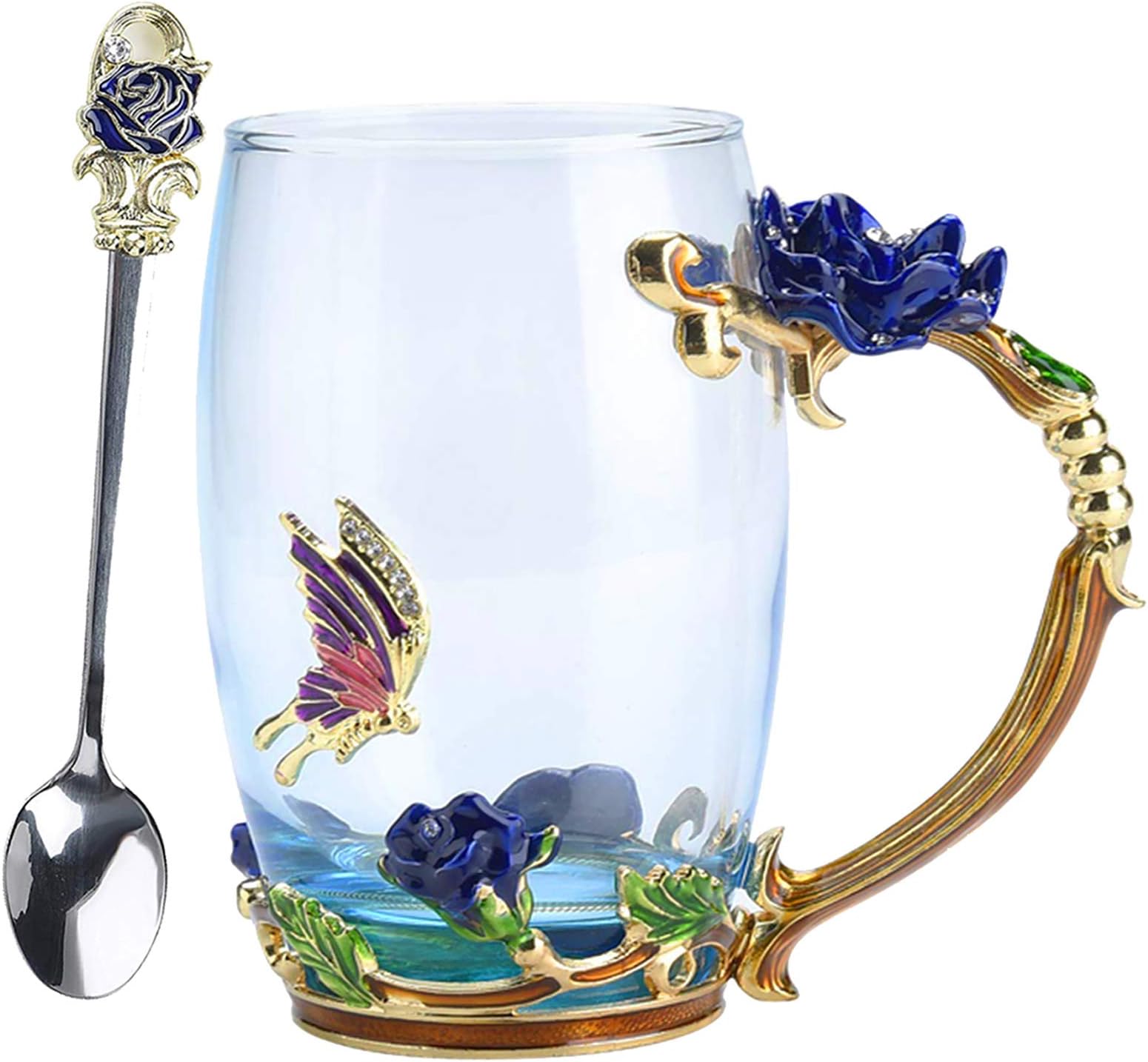 Flower Tea Cups, Unique Coffee Mugs, Butterfly Glass Mug with Spoon Set, Handmade Rose Butterflies Gifts - Christmas New Year Anniversaries Weddings Engagements Valentine's Day Gifts (13oz, Blue)