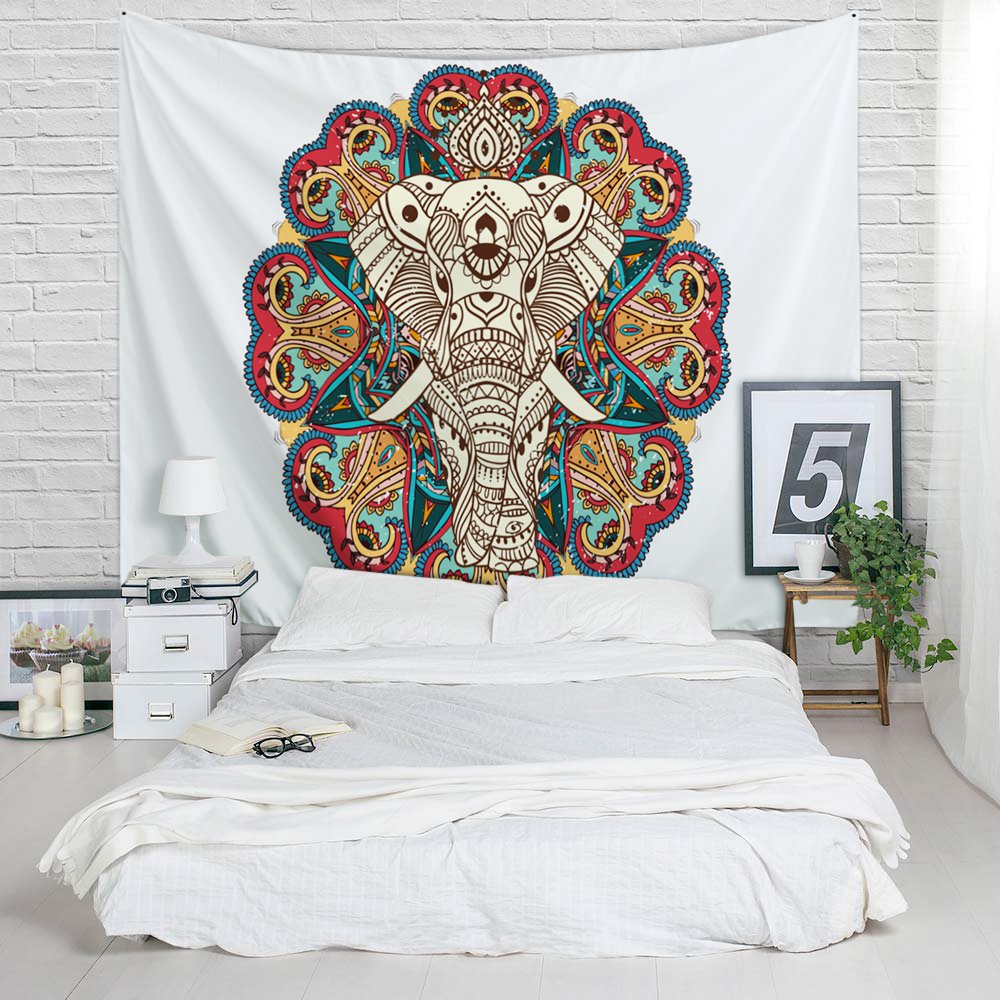Mandala Elephant Tapestry - Indian Bohemian Hippie Art Wall Hanging White Home Decor Multipurpose Cloth as Bedspread, Backdrop, Room Divider - Queen Size, 80 x 60 inches