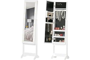 HOMCOM Mirror Jewelry Cabinet Armoire with LED Lights, Free Standing Jewelry Organizer with Full Length Mirror, Storage and A