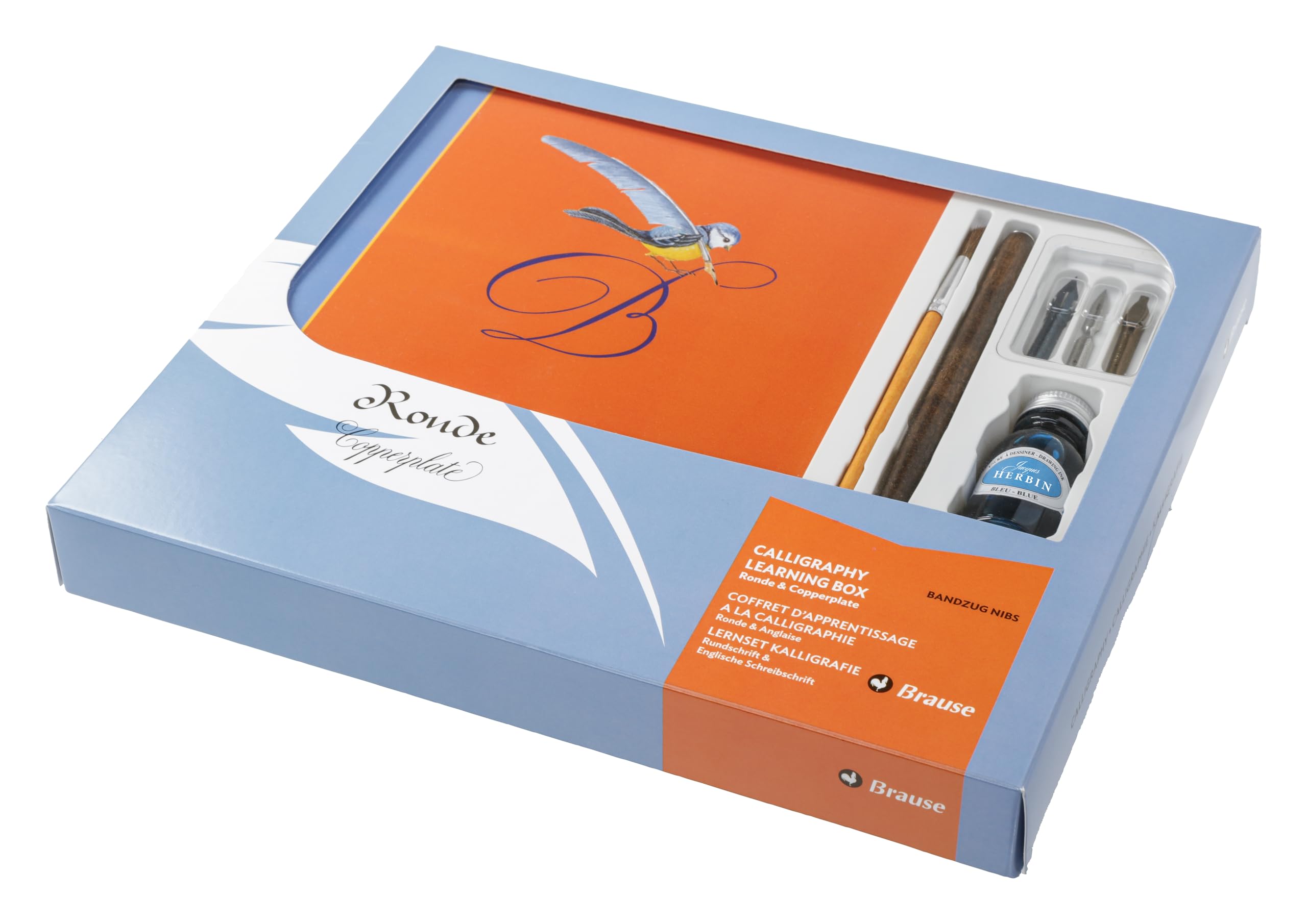 Brause 98206B - Junior calligraphy set containing 3 nibs, a penholder, a brush, a label sheet, a bottle of Jacques Herbin blue ink and a notebook (French) — image 1