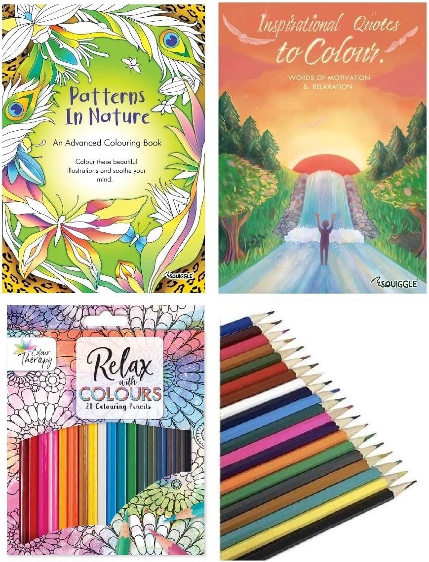 Squiggle Patterns in Nature & Inspirational Quotes Colouring Books + 20 Colour Therapy Pencils, White