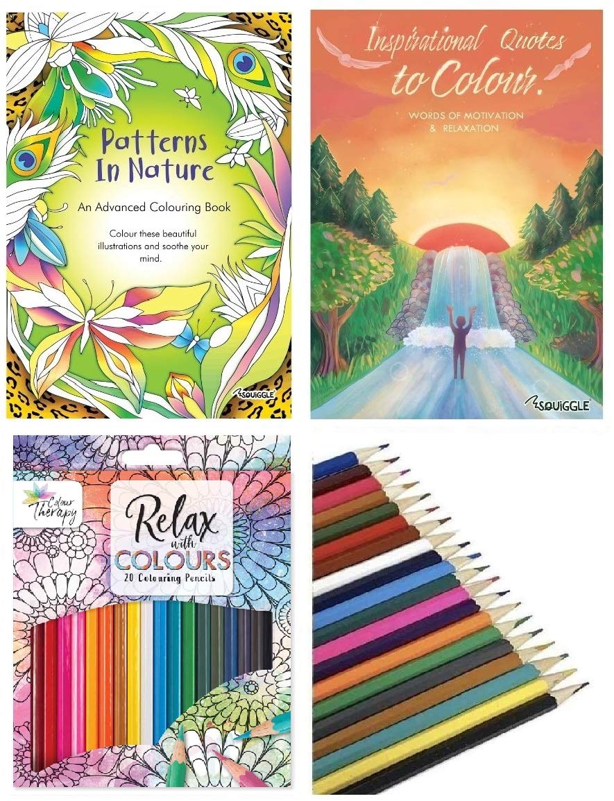 Squiggle Patterns in Nature & Inspirational Quotes Colouring Books + 20 Colour Therapy Pencils