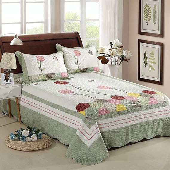 LRQY Quilted Patchwork Bedspreads Set 100 Cotton With Pillowcases