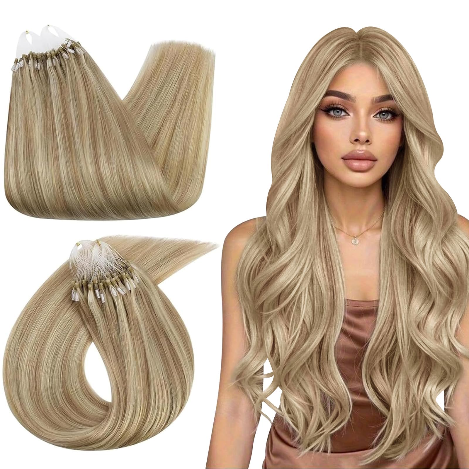 Ugeat Micro Loop Hair Extensions Human Hair Golden Blonde 22 Inch Micro Ring Human Hair Extensions Blonde Highlight Medium Blonde Microbead for Party 50G/50S #16/22 — image 1