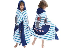 BANGSAUR Kids Hooded Beach Bath Towels, 100% Cotton 50"x30" Wrap Blanket, Toddlers Boys 3-12 Years Coverup Towel Pirate Ship