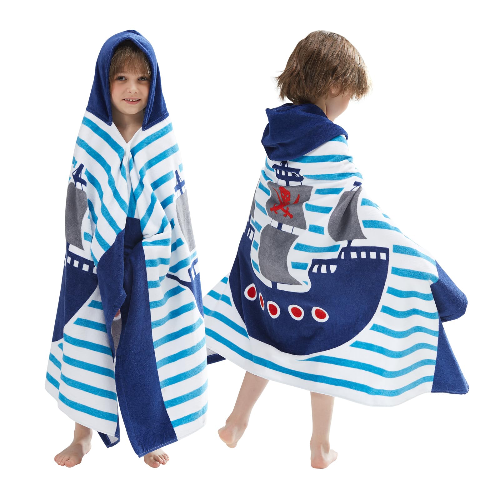 BANGSAUR Children's Hooded Bath Beach Towel, 100% Cotton 50"x30" Wrap, Kids Toddlers Girls Boys 3-12 Years Coverup(Pirate Ship N)