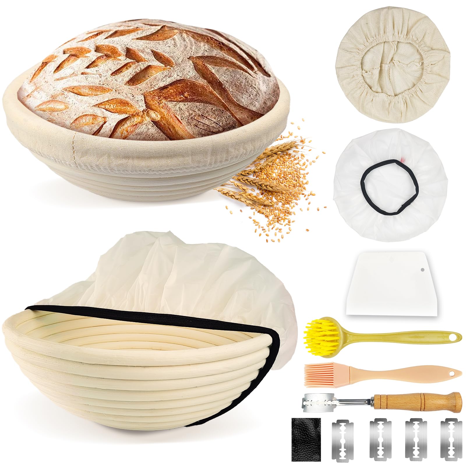 Mispudin Banneton Proofing Basket Set - 23cm Rattan Bread Proofing Basket Round - Sourdough Starter Kit with Bread Lame, Proving Cover, Dough Scraper, Cloth Liner, Brush for Home & Professional Bakers