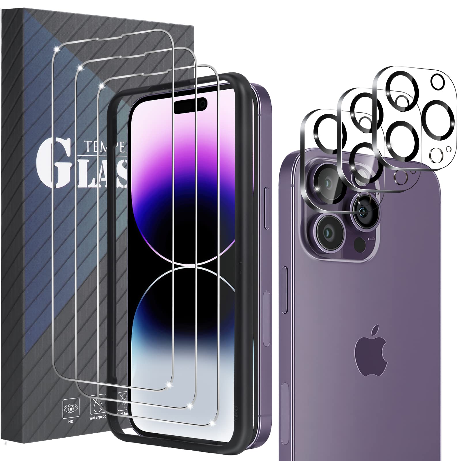 AXFEE 3+3 Pack 6.1 Inch Screen Protector Camera Lens Protector Compatible with iphone 14Pro, 3pcs Camera Film with 3pcs 9H Tempered Glass Screen Film, Bubble-Free Shockproof Anti Scratch Shockproof
