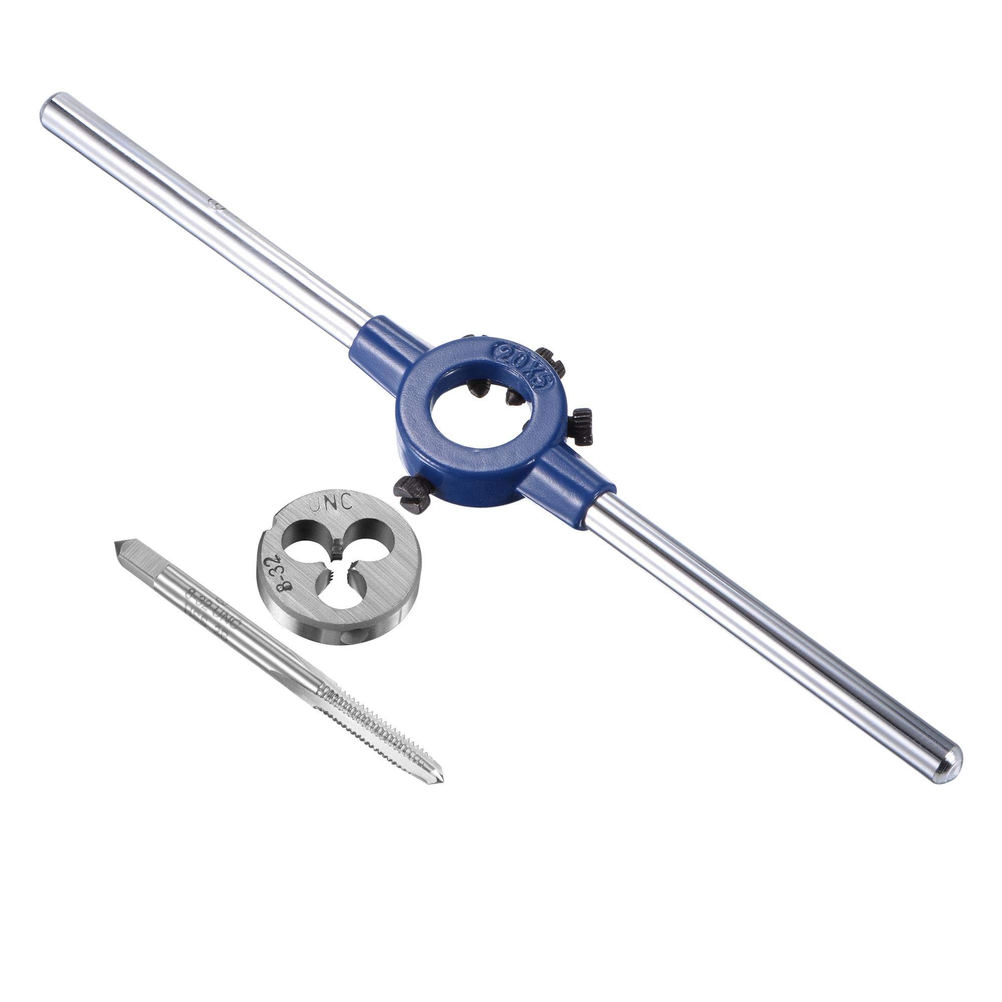 sourcing map 8-32 UNC Tap and Die Set with 20mm Round Die Stock Handle Wrench, High Speed Steel Machine Thread Tap and Round Die Threading Tool