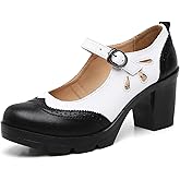 DADAWEN Women's Leather Classic Mary Jane Ankle Strap Round Toe Mid Heel Platform Pumps Oxfords Dress Shoes