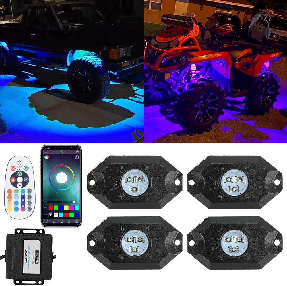 SUNPIE RGB LED Rock Lights -4 Pod Lights with Phone App/Remote Control & Timing & Music Mode & Flashing & Automatic Control Neon Lights Under Off Road Truck SUV ATV(11.5 Ft Rock Lights Wires Equipped): Automotive
