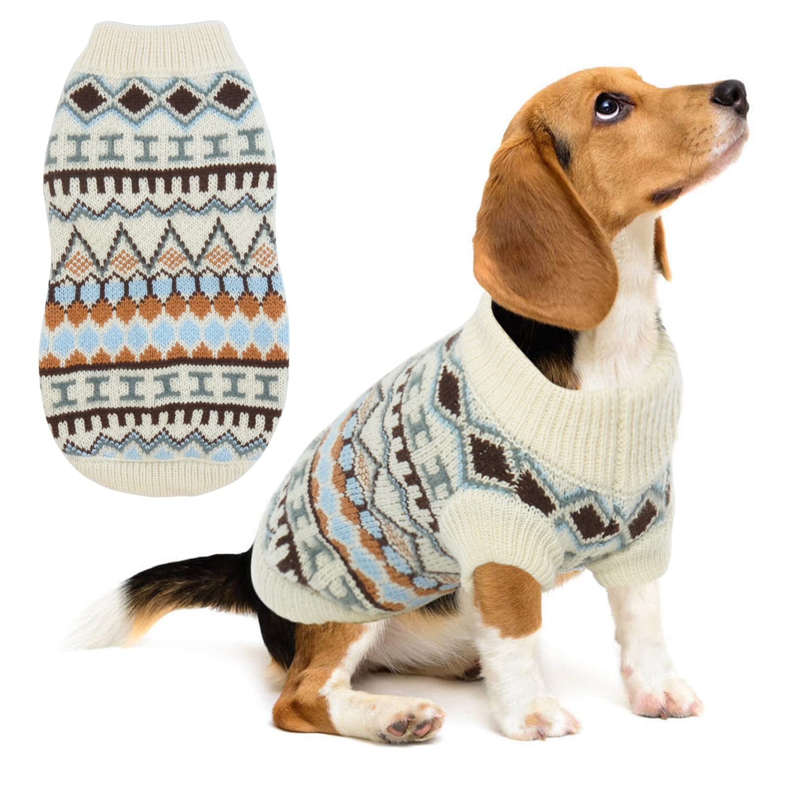 Hjumarayan Dog Jumper - Boho Dog Jumpers Small Medium Large, Knitted Christmas Sweater with Harness Hole, Thick Warm Winter Clothes for French Bulldog, Cocker Spaniel, White L