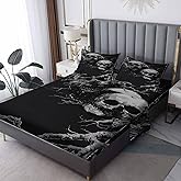 Skull Sheets Queen Size - Black Gothic Horror Bed Sheet Set - Deep Pocket Soft Microfiber Bedding Set 4 Piece - Fitted Flat Sheet Pillowcases - Skull Bedroom Decor & Gifts