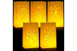 Crtiin 50 Pieces Christmas Luminary Bags White Paper Flame Luminary Resistant, 5 Holiday Designs: Tree, Snowflake, Snowman, Reindeer Candle Lantern Bags for Christmas Party Decoration