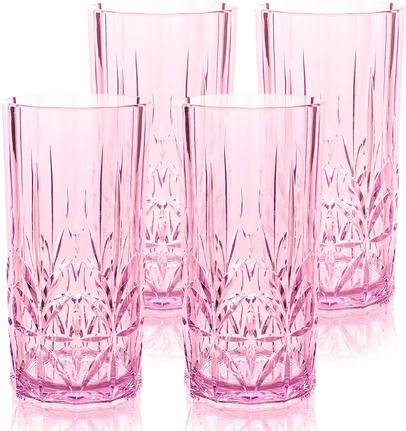 BELLAFORTE Shatterproof Tritan Plastic Drinking Glasses, Set of 4, 18oz - Myrtle Beach Tall Tumbler, Unbreakable Plastic Glasses for Parties, Gifting, New Year - BPA Free - Dishwasher Safe - Pink