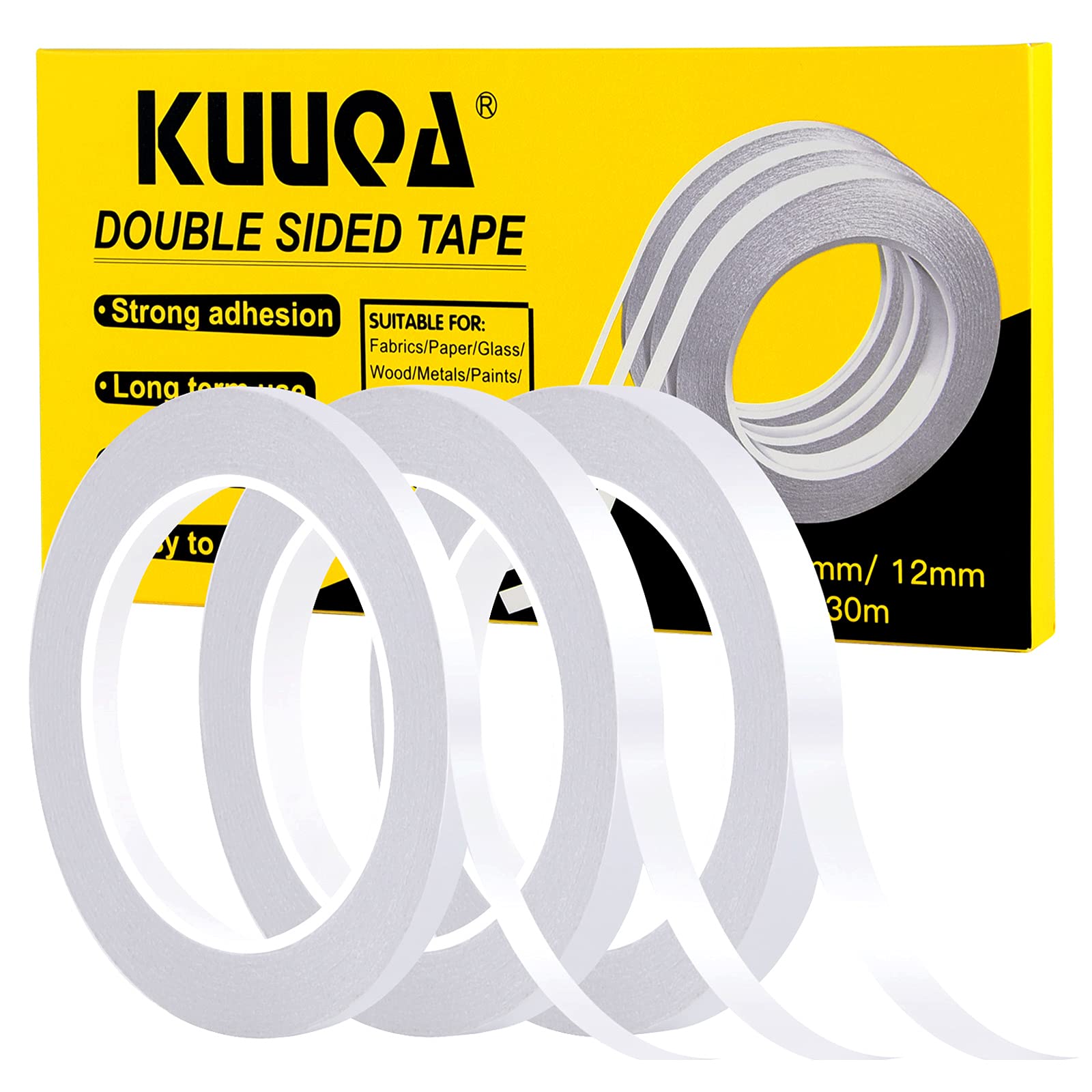 Kuuqa 3 Rolls Double Sided Tape Set Strong Sticky Tape for Office Craft, 30 Meters Long,Wide 6mm/ 9mm/ 12mm