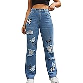 Womens Baggy Ripped Jeans High Waist Butterfly Distressed Straight Leg Jeans Teen Girls Cut Out Boyfriend Denim Pants