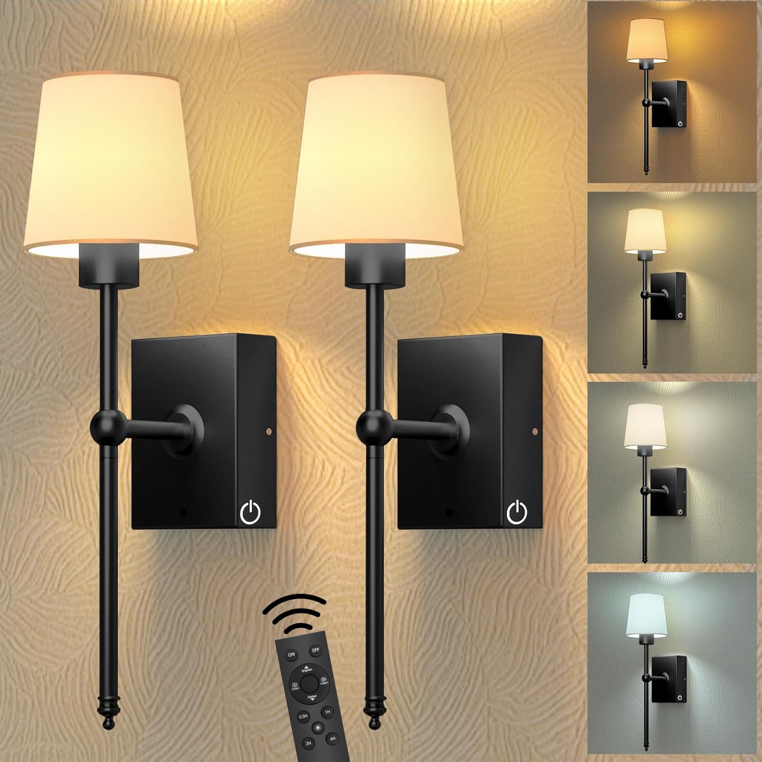 Photo 1 of Rechargeable Battery-Operated Wall Sconces Set of 2: Black Wireless Wall Lights with Touch and Remote, 6000mAh Battery Powered Scone Lighting Cordless Wall Lamp for Bedroom Living Room Hallway