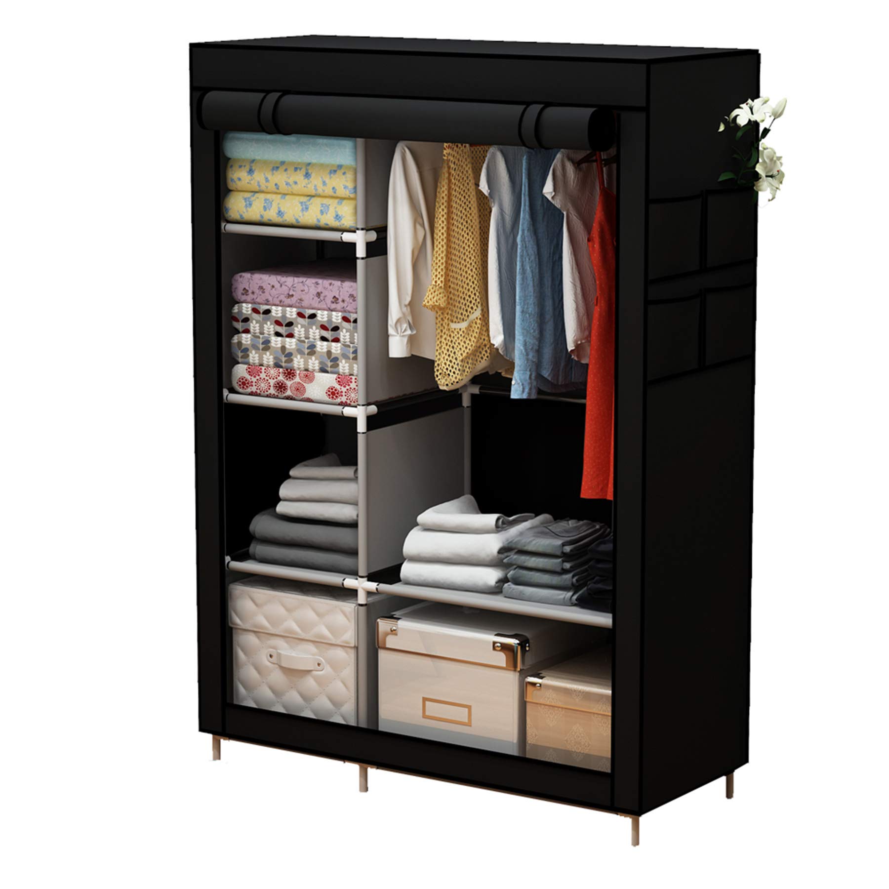 YAYI Canvas Wardrobe Portable Wardrobe Clothes Storage With 6 Shelves and Hanging Rail,Black