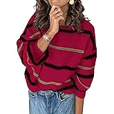 Libsorge Womens Oversized Cute Striped Sweater Fall Winter Casual Chunky Knit Crewneck Color Block Long Sleeve Pullover Tops