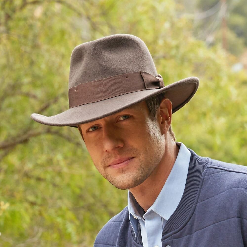 Indiana Jones Men's Wool Felt Water Repellent Outback Fedora with Grosgrain at  Men’s Clothing store: Indiana Jones Hats