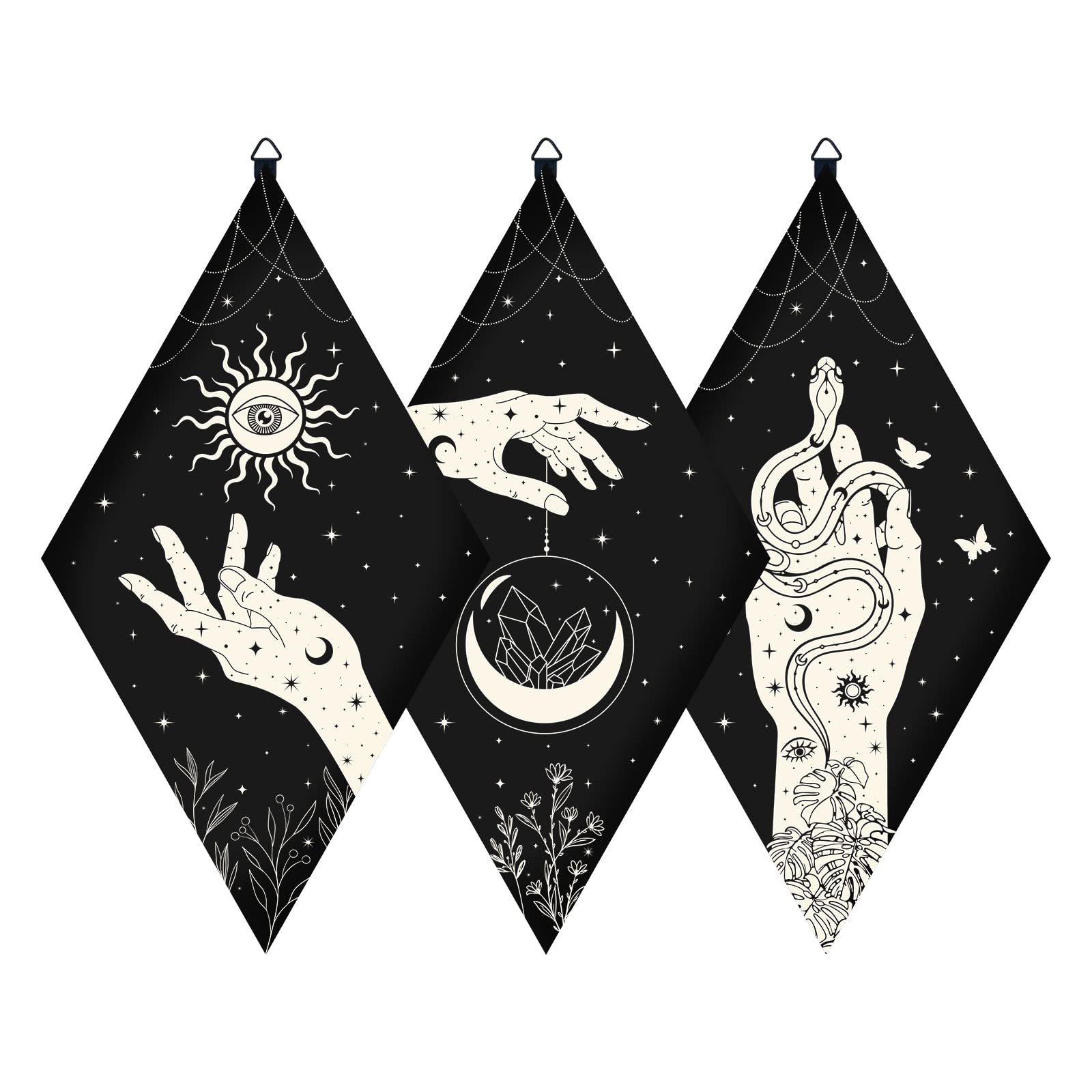 CRASPIRE Wooden Wall Decorations Boho 3pcs Black Wooden Pendulum Board Hand Sun Eye Moon Crystal Snake Wall Hanging Ornament Rhombus Wall Art with Tarot Patterns for Witchcraft Wiccan Altar Supplies