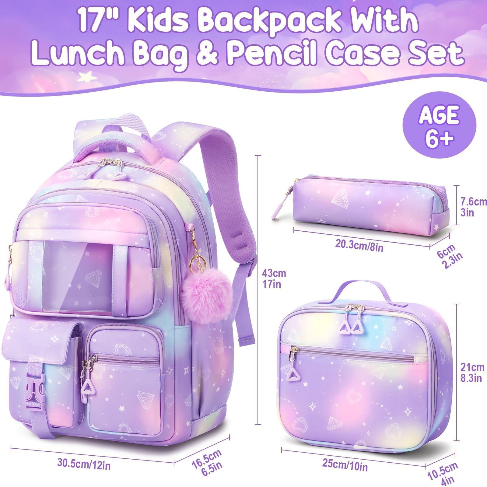 Fimibuke Kids Backpack for School Girls, 3Pcs Waterproof Girls Backpack with Lunch Box & Pencil Pouch - Lightweight Bookbag for Elementary Middle School Student Teens Ages 6+ Purple