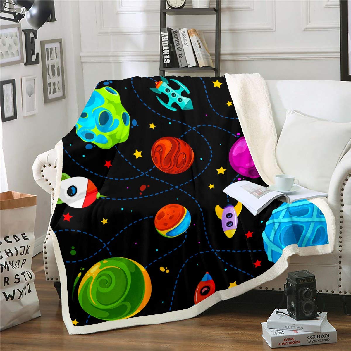 Loussiesd Boys Fleece Blanket Cartoon Universe Planet Sherpa Blanket for Chair Sofa Couch Outer Space Themed Fuzzy Blanket Space Rocket Print Plush Throw Blanket Room Decor Single 50"x60"