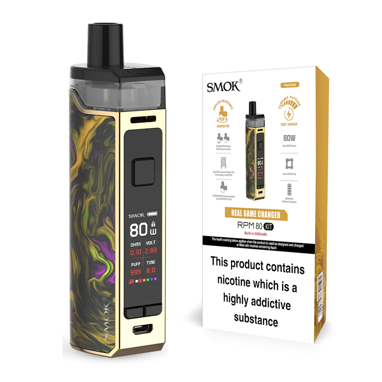 SMOK RPM80 Vape Kit [Fluid Gold] - Rechargeable 3000 mAH Battery, Refillable, Compact, User-Friendly, Balance of Power and Portability, Compatible with All RPM Coils, 2mL, E Cigarette, No Nicotine