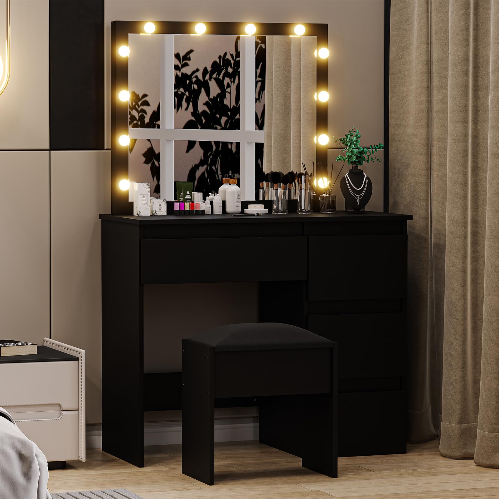 Photo 1 of GarveeHome Makeup Vanity Desk with Mirror & Lights, Vanity Desk with Power Outlet, Large Makeup Table with Stool & 4 Drawers