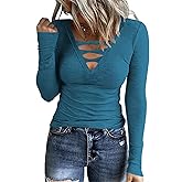 Poetsky Women's Casual V Neck Criss Cross Shirts Long Sleeve Tunic Tops Ribbed Knit Slim Fitted Tee