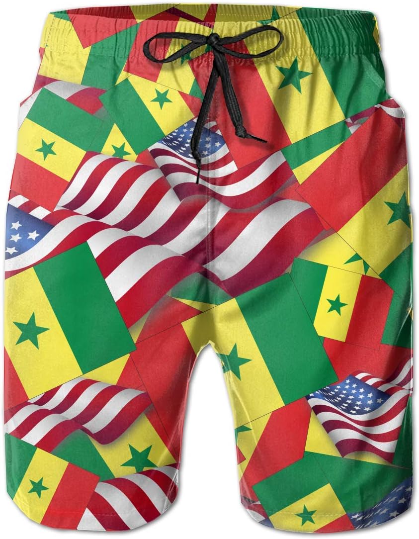 Men's Swim Trunks Senegal Flag with America Flag Quick Dry Beach Board Shorts
