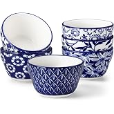 vancasso Selene Bouillon Cups Set of 6, 8 Oz Porcelain, Cobalt Blue | Vintage Floral Small Bowls for Soup, Chili, Ice Cream, Yogurt, Snacks and Dipping Sauce, Microwave, Dishwasher &amp; Oven Safe