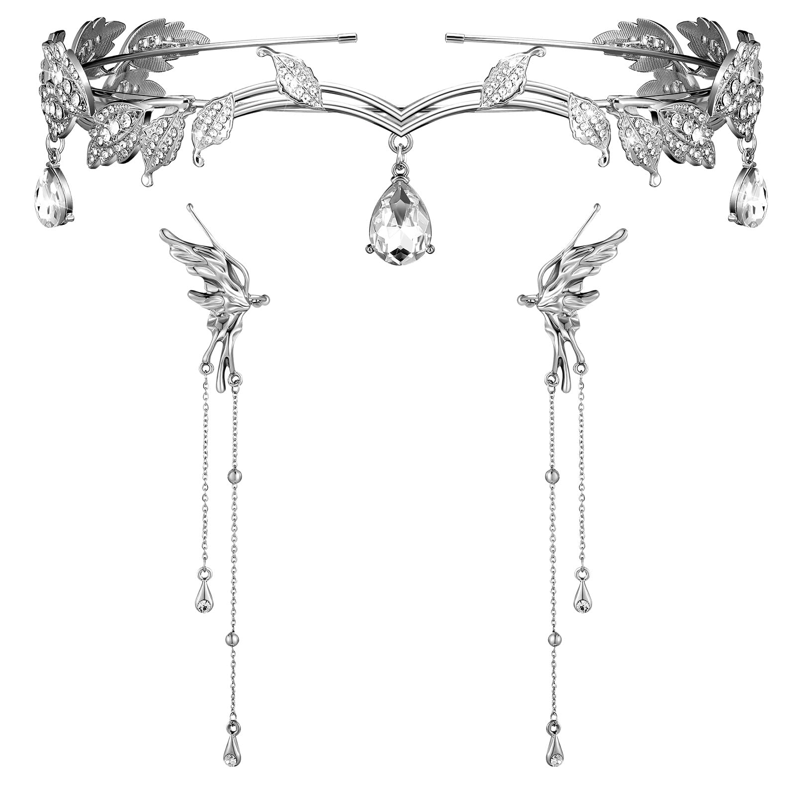 Photo 1 of ***MISSING PIECES*** Glenmal 3 Pcs Elf Ear Cuffs and Crown Halloween Rhinestone Leaf Headband Fairy Ear Cuffs Princess Cosplay Costume for Women (Silver)
