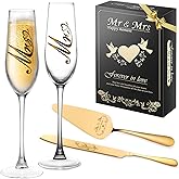 Mr and Mrs Champagne Flutes, Wedding Cake Knife and Server Set, Bride and Groom Champagne Glasses, Cake Cutting Set for Wedding, Bridal Shower Gifts, Engagement Gifts for Couples (Gold, Set of 4)