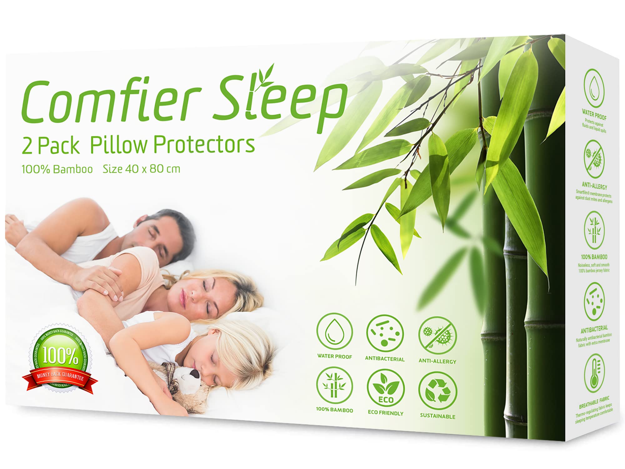 Comfier Sleep Waterproof Pillow Protectors 40x80 Anti Allergy Super Soft Pillow Protectors 2 pack, 100% bamboo Pillow Cases 2 Pack Zipped