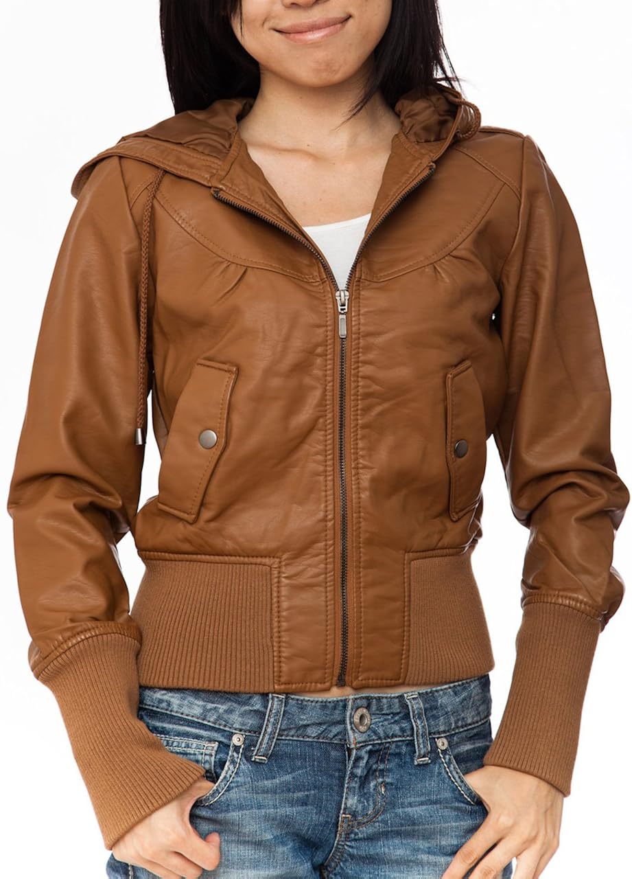 Ladies Camel Color Synthetic Hooded Leather Jacket at Amazon Women's Coats Shop