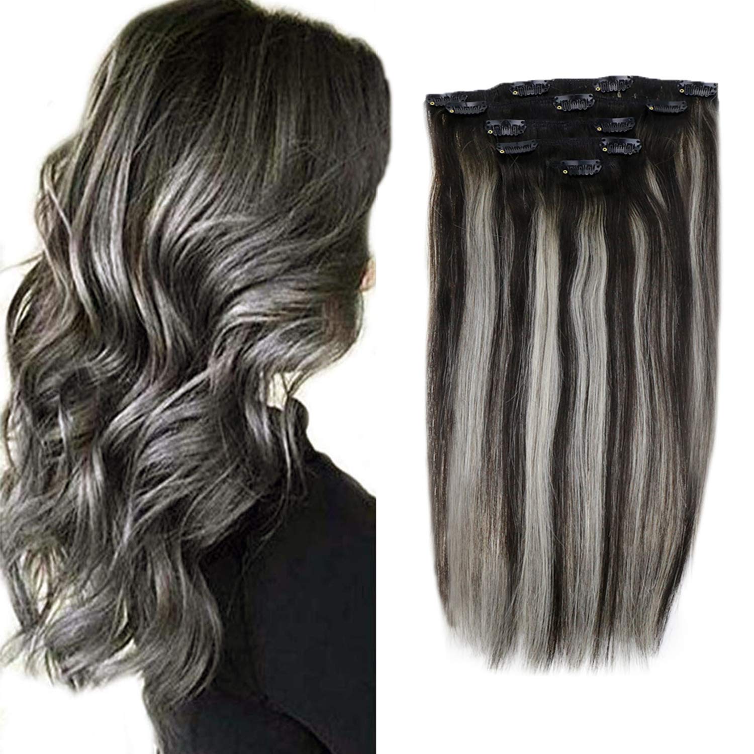 Hot Color Laavoo Clip In Extensions Human Hair Balayage Ombre Black To Grey Silver 5 Pieces Double Weft Clips On Hair With Full Ends 3 4 For Full