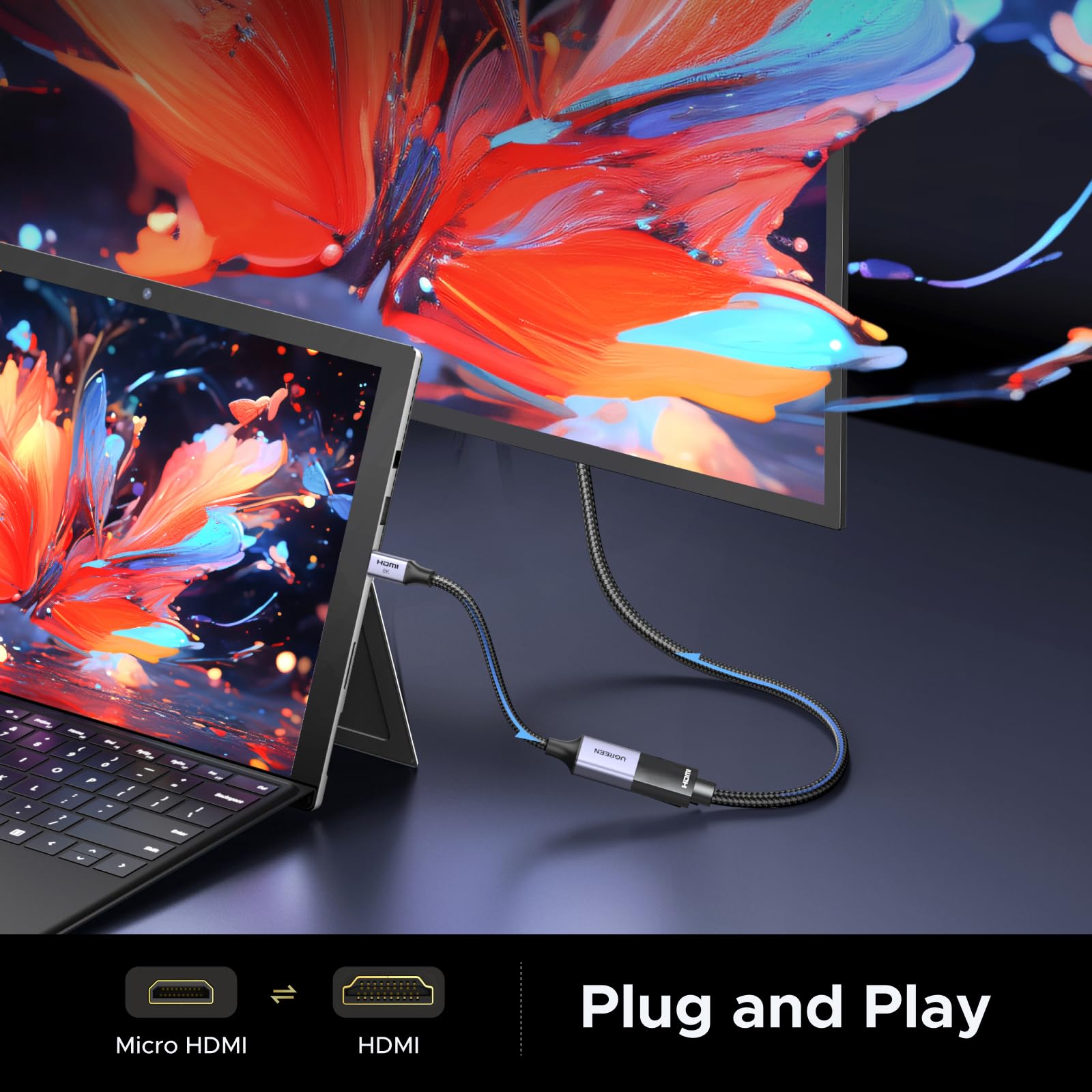 UGREEN 8K Micro HDMI auf HDMI 2.1 Adapter 8K@60Hz 4K/2K/1080P@240Hz Bidirektionale Kabel eARC/ARC HDR VRR ALLM Atmos HDCP 48Gbps Kompatibel mit Raspberry Pi 5 Kamera Laptop Xbox Series X PS5 (25cm) 7