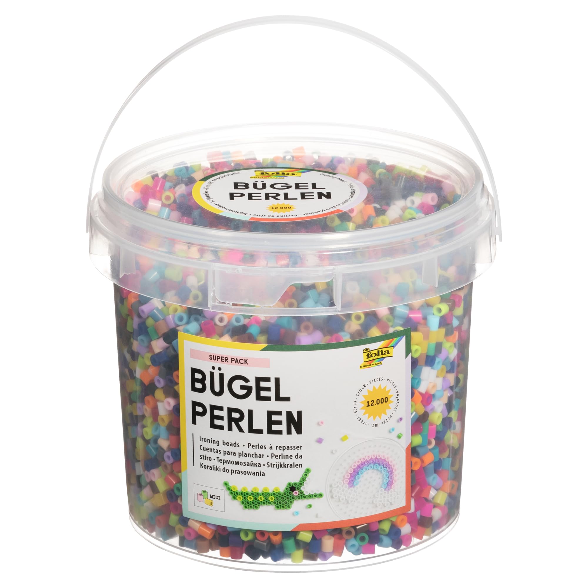 folia 73229 Ironing Beads in Bucket, Pack of 12,000 Assorted in 22, Diameter Approx. 5 mm, Great Addition to the Pin Plates