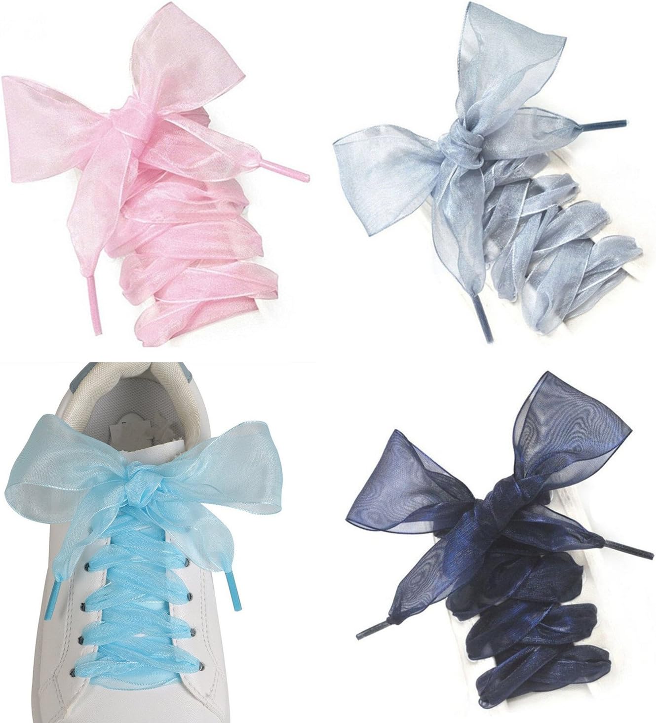 FadJollys Shoe Laces, 4 Pairs Soft Casual Flat Satin Ribbon Shoelaces for Women Girls Sneaker Shoestrings 4CM Wide