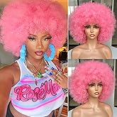 CURLCRAZY 70s Afro Wig with Bangs Short Afro Kinky Curly Wig for Black Women Large Bouncy and Soft Natural Looking Halloween Party Christmas Cosplay Wigs (Pink)