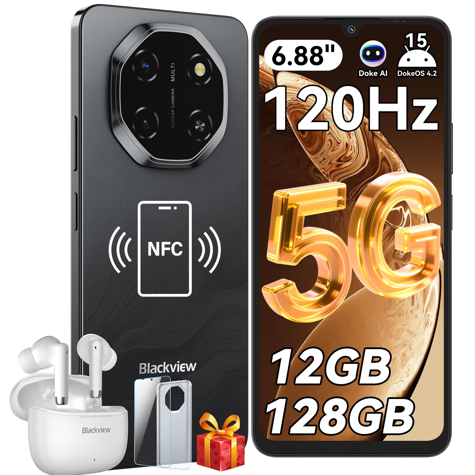 Blackview Shark 6 Unlocked Android Phones 5G (2025), Android 15 Cell Phone Unlocked, 6.88" 120Hz Display, 12GB+128GB/2TB, 16MP+8MP AI Camera, 5000mAh/18W,Fingerprint/Face ID,Dual SIM/GPS/OTG/NFC,Black