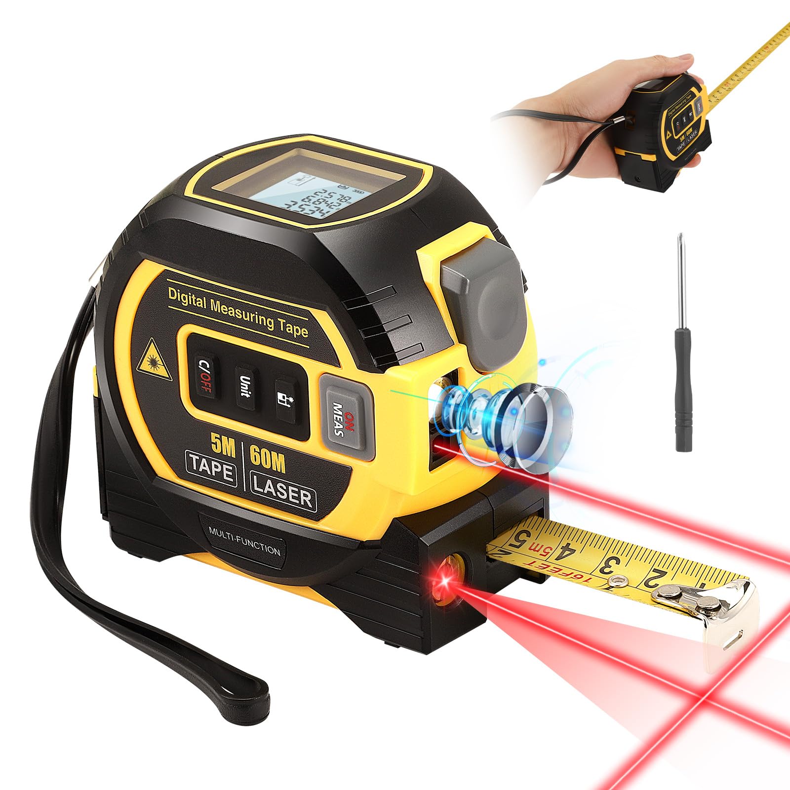 Neulriscn Laser Tape Measure, 3 in 1 Digital Laser Distance Measurement Tool, LCD Display, 196FT/60M Laser Measure, 16FT/5M Tape Measure and Cross Line Laser, M/In/Ft, Measuring Distance, Area, Volume