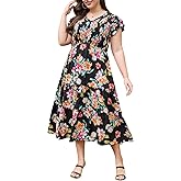 Keluummi Plus Size Summer Maxi Wedding Guest Dress for Curvy Women, Casual Boho Flutter Sleeve Long A Line Sundress, Pockets