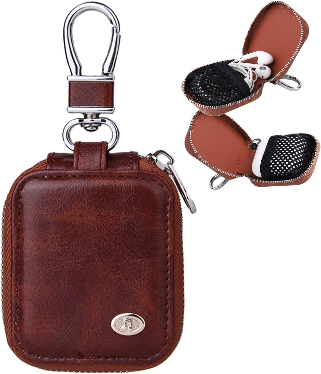 MRPLUM Earbud Case Compatible with AirPods PU Leather Hard Portable Carrying Case Protective Storage Pouch with Mesh Pocket & Keychain for Wireless Headphone Earphone USB Cable & Mini Items (Brown)
