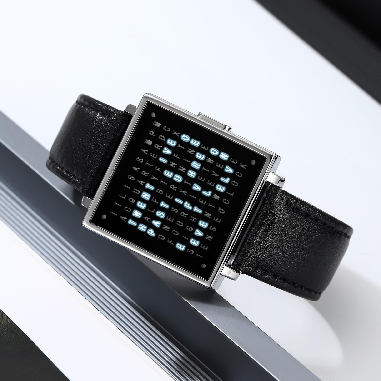 Gosasa Men’s Square Word-Matrix LED Watch Read Time in Words 30 m Waterproof Big Face Multifunctional Date Wristwatch Vintage Luxury Business Dress Timepiece Stainless Steel or Gold/Silver Toned