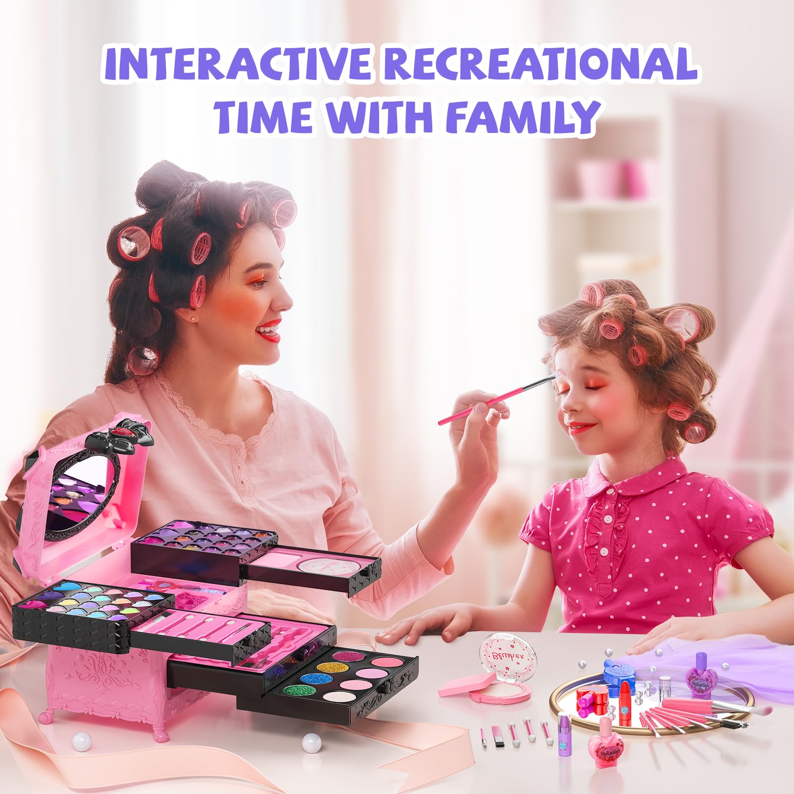 GORISPI Kids Makeup Sets for Girls, 66pcs Real Cosmetic for Kids Toys with Mirror, Princess Washable Girls Makeup Kit, Non-Toxic & Safe Brithday Gifts for 3 4 5 6 7 8 10 - 12 Years Old（Pink Black）