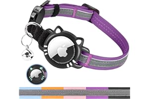 Arojore Luminous Airtag Cat Collar, Reflective Air Tag Cat Collar with Airtag Holder, Breakaway Tracker Pets Kitten Collar, Purple, XS(7-9 Inch)
